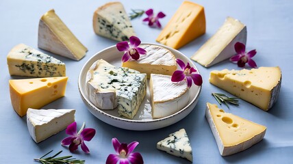 Assorted gourmet cheese selection decorated with edible flowers
