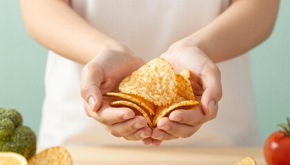 Cupped hands holding a stack of crispy corn tortilla chips with sesame seeds, close-up snack food image
