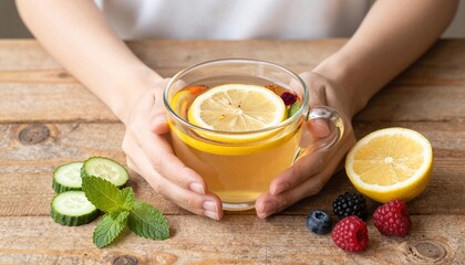 Hands holding a glass cup of lemon tea with a lemon slice, berries, cucumber slices and mint on a wooden table