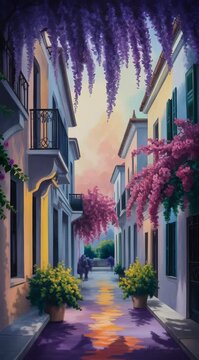 Enchanting Alleyway Scene with Cascading Wisteria and Floral Accents Artwork Display