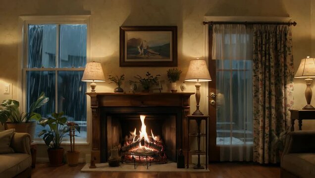 cozy interior 4K lifestyle scene of warm living room with crackling fireplace while rain falls outside window conveying comfort rest and peaceful