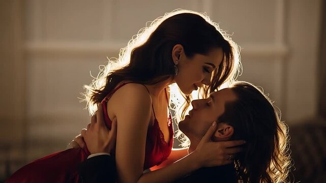 romantic couple kissing in warm indoor glow with red dress