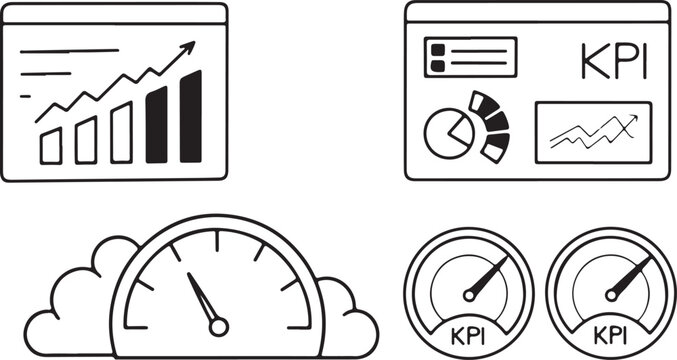 Black and white line icons of business charts and graphs isolated on