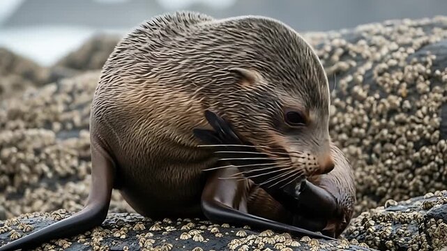 sea otter grooming on rocky shore among barnacle covered rocks