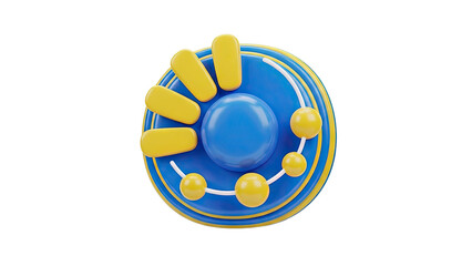 3D Blue and Yellow Circular Abstract Icon with Spheres and Rectangles