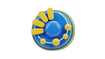 3D Blue and Yellow Circular Abstract Icon with Spheres and Rectangles