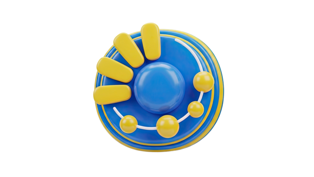 3D Blue and Yellow Circular Abstract Icon with Spheres and Rectangles - Powered by Adobe