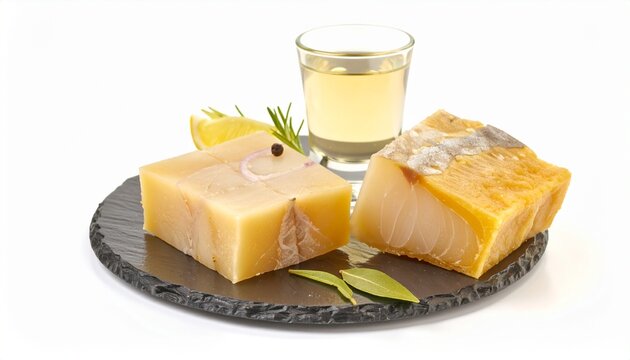 Chunks of cured shark meat served with liquor