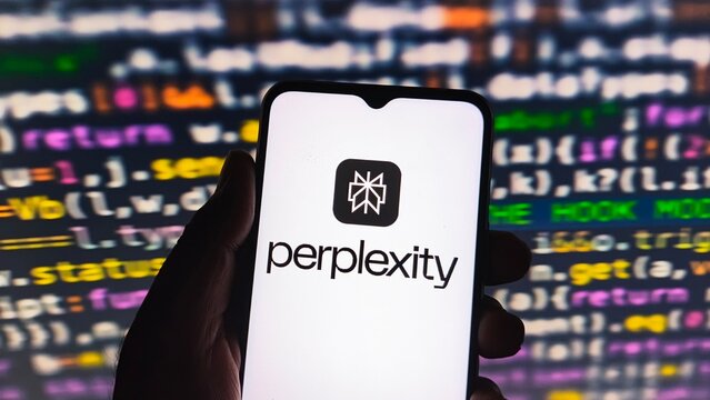 Perplexity ai logo displayed on smartphone screen against abstract code background