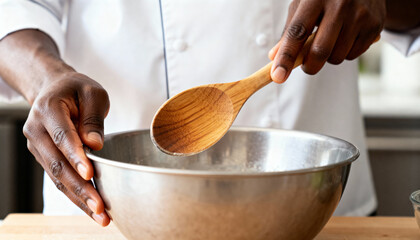 African American chef skillfully stirring ingredients in a stainless steel bowl with a wooden spoon, showcasing culinary expertise and passion for cooking
