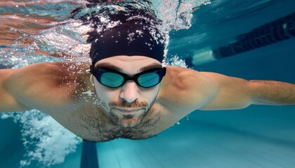 Focused male swimmer underwater in a pool with goggles and swim cap.