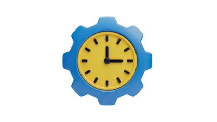 3D Render of a Blue Gear Clock with Yellow Face on White Background