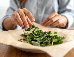 Close-up of a person handling fresh, green herbs
