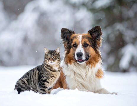 Cat and dog nestled together in snowy winter scene, looking forward
