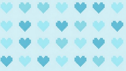 A pixel art pattern of various blue hearts on a light blue background