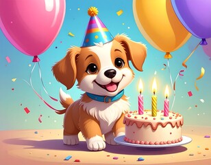 Cartoon puppy wearing party hat with birthday cake and balloons
