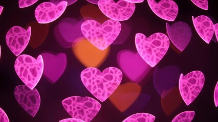 Vibrant pink heart shapes with bokeh lights on dark background for valentines day or love themed designs and decorations