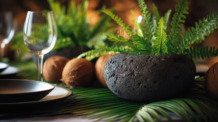 Elegant Dining Arrangement with Volcanic Rocks, Coconuts, and Ferns, Perfect for Tropical or Exotic Themes in Modern Decor