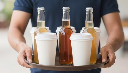 Server holding a tray with glass bottled drinks and white takeaway coffee cups