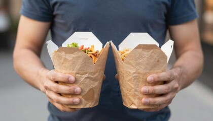 Person holding two brown paper-wrapped takeout boxes filled with street food, fries and salad, handheld casual meal ready to eat