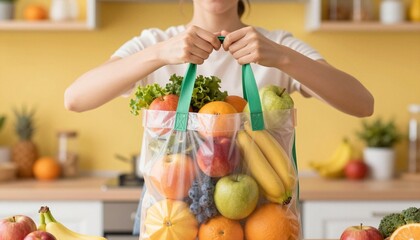 Clear reusable tote filled with assorted fresh fruits and produce held by a woman over a bright kitchen counter