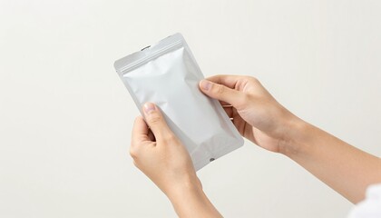 Hands holding a blank silver resealable pouch on a white background, ideal packaging mockup for product and label design