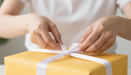 Hands tying a white ribbon on a yellow wrapped gift, close-up of thoughtful gift wrapping preparation
