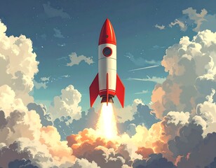 Cartoon rocket blasting through a sea of fluffy clouds in the sky