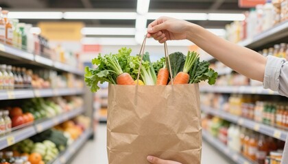 Paper grocery bag filled with fresh carrots and leafy greens held by a shopper in a supermarket aisle