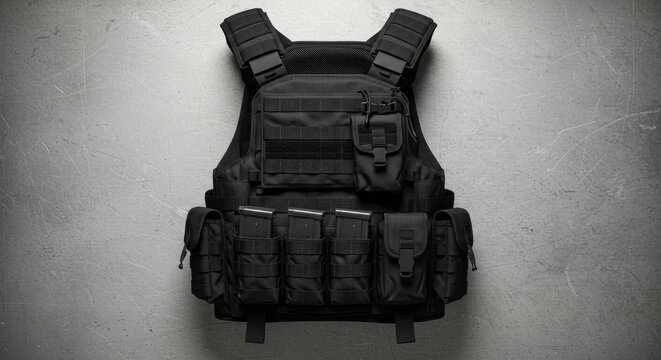 Black tactical vest isolated on gray background for military or security uses