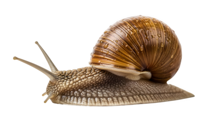 Slow-motion snail crawl pose, with hyper-detailed shell texture, studio lighting, wet surface realism, isolated on a transparent background