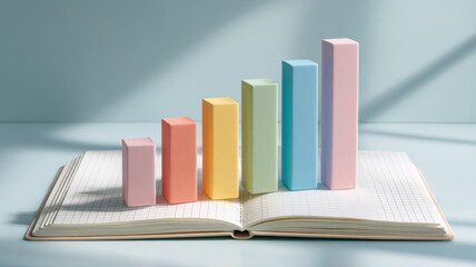 Graph bar charts on an open book, concept of business and data presentation. Displaying a colorful upward trend 