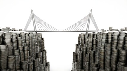 A bridge made of coins connecting two piles of coins, symbolizing financial growth and investment.
