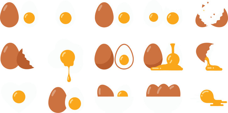 Set of flat vector illustrations featuring brown chicken eggs, boiled halves with yellow yolks, cracked eggshells, and dripping raw egg elements.