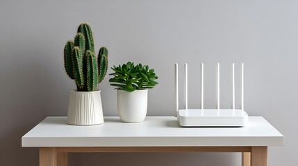 Stylish home decor modern cactus and plant arrangement on minimalist table