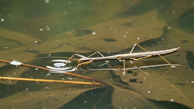 water strider skimming pond surface among floating leaves