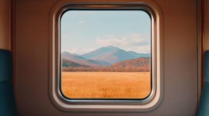 A scenic view through a train window showcasing mountains, rolling hills, and golden fields under a clear sky.