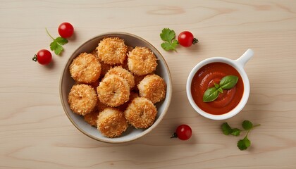 Crispy fried scallops in a bowl with ketchup