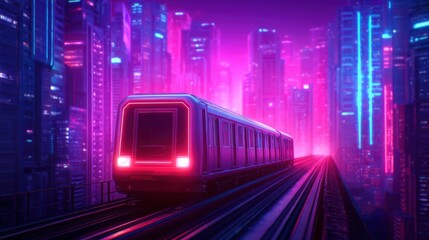 A futuristic train travels through a vibrant neon cityscape, illuminated by glowing skyscrapers and a striking purple and pink color palette.