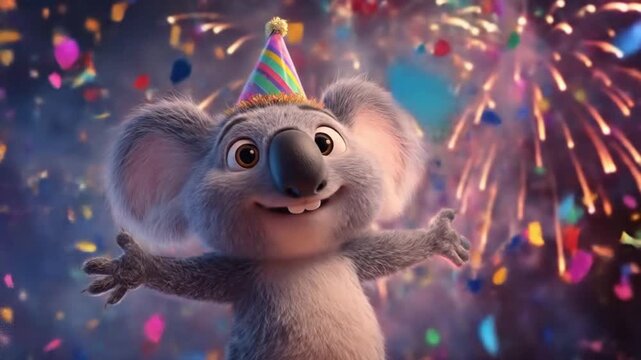 A wide-eyed koala wearing a party hat beams amid confetti and bright, colorful fireworks. fun vibes!