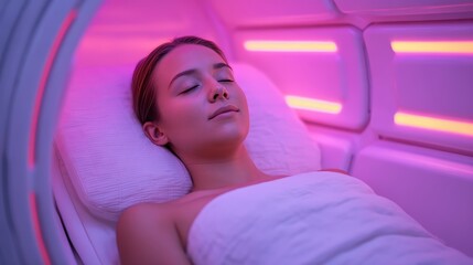 A serene woman relaxes in a futuristic, illuminated pod, bathed in soft purple light, promoting wellness and rejuvenation.