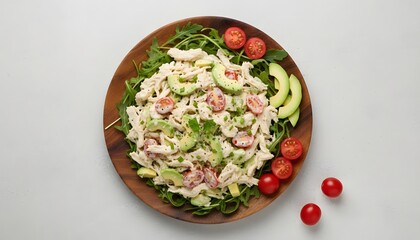 Vibrant Pasta Salad Flatlay with Fresh Avocado and Ripe Tomatoes