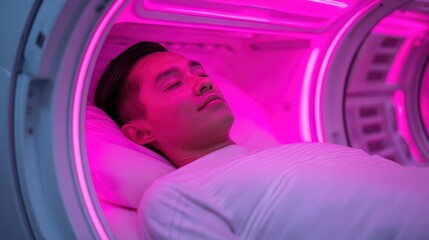 A serene scene of a man resting inside a futuristic chamber illuminated with soft pink light, suggesting relaxation and advanced technology.