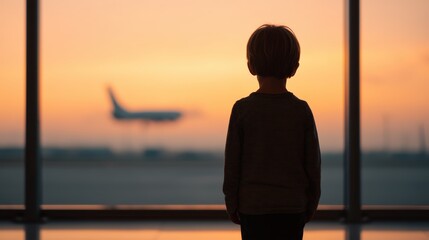 A silhouette of a child gazes out an airport window at a departing plane against a vibrant sunset backdrop.