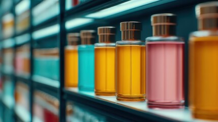 A colorful display of perfume bottles arranged neatly on shelves, showcasing various fragrances in vibrant hues.