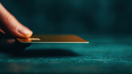 A close-up of a hand holding a gold credit card against a dark, textured background.
