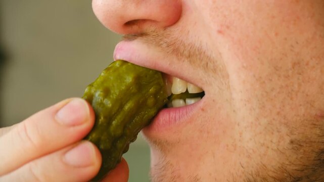 Extreme close up man mouth he bites into crunchy pickled gherkin, enjoying sour taste of fermented vegetable before chewing with satisfaction. Close up of man eating crispy dill pickle