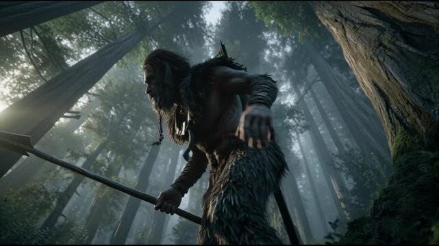Ancient hunter in forest holding spear