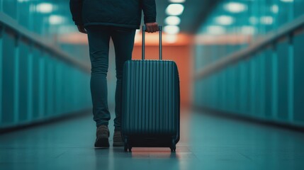 A traveler walks down a stylish corridor, pulling a sleek suitcase, evoking a sense of adventure and anticipation.