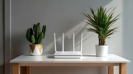 Modern router setup with indoor plants in minimalist home office environment